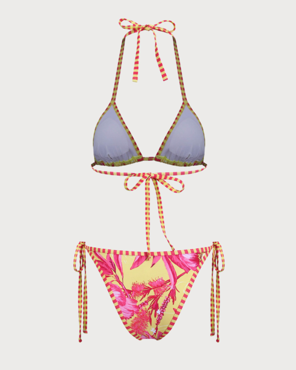 Yellow Floral Halter Drawstring Triangle Bikini Set - Image 2