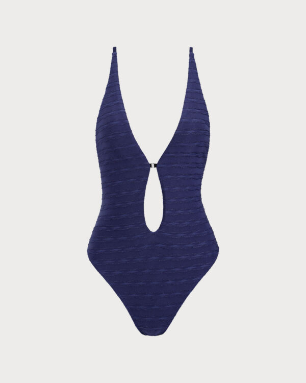 Blue Textured Tie Front One-Piece Swimsuit - Image 7