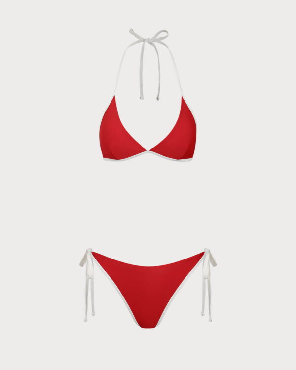 Red Contrasting Halter Triangle Bikini Set - Image 6