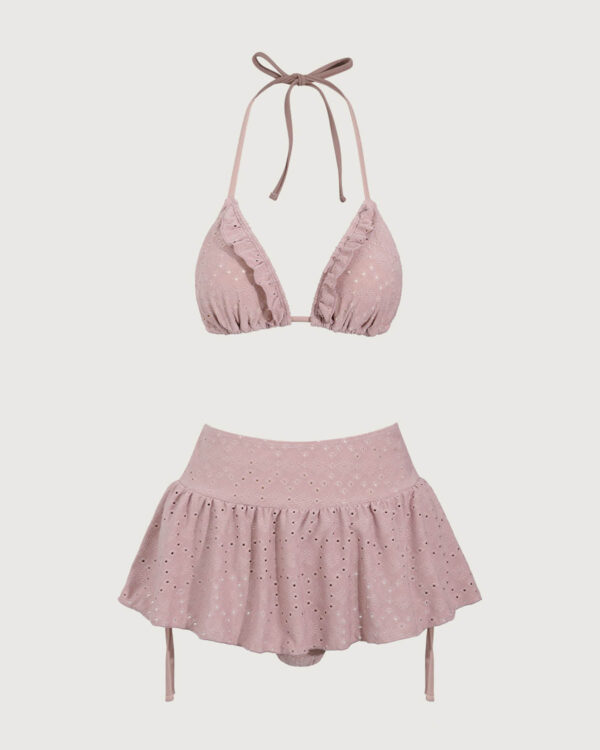 Pink Ruffle Drawstring Bikini Three Piece Suit - Image 7