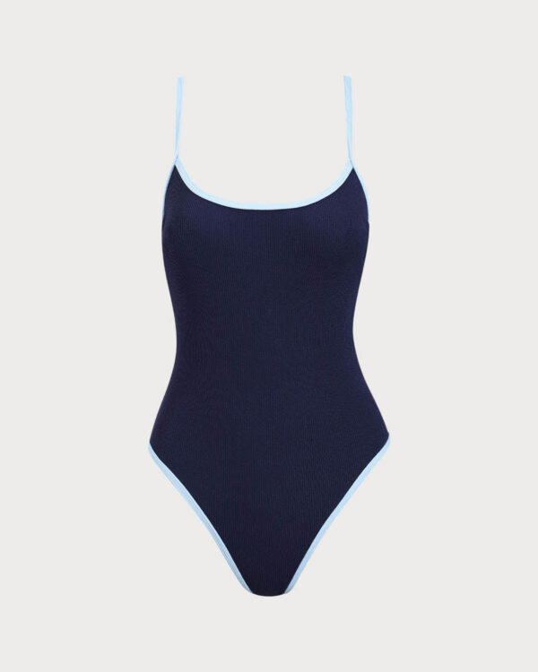 Blue Contrasting Criss-cross Tie One-Piece Swimsuit - Image 5