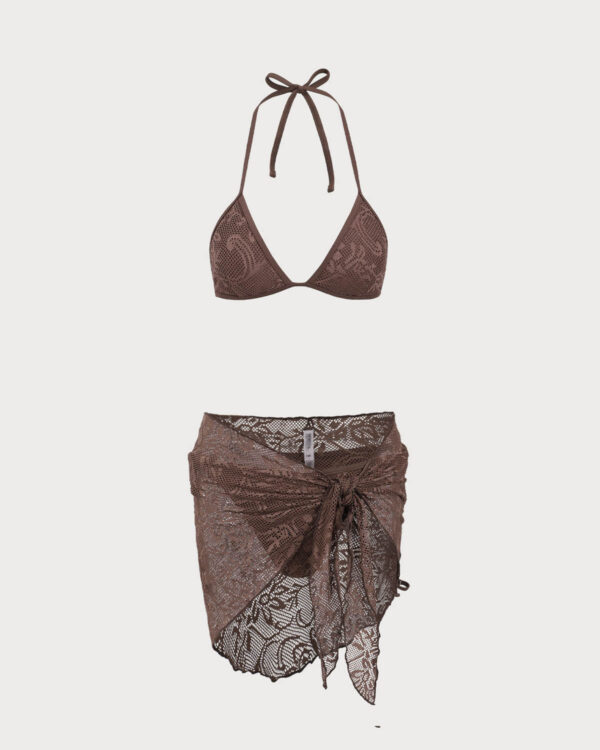 Brown Mesh Bikini Three Piece Suit - Image 6