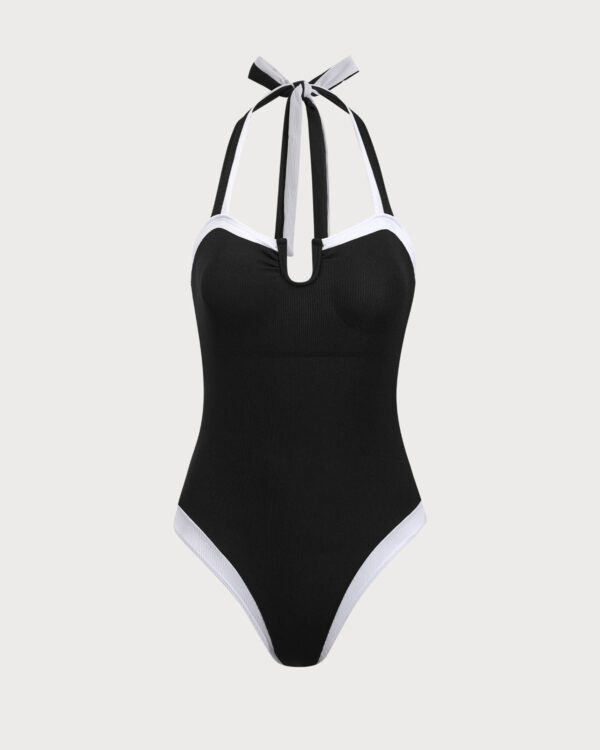 Black Contrast U-Shaped One-Piece Swimsuit - Image 6