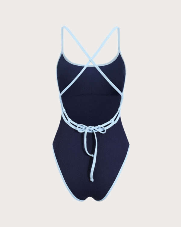 Blue Contrasting Criss-cross Tie One-Piece Swimsuit - Image 6