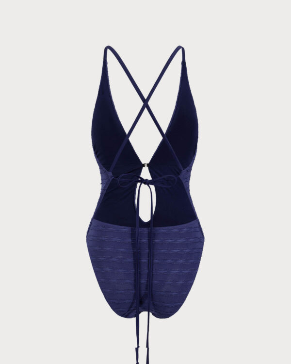 Blue Textured Tie Front One-Piece Swimsuit - Image 8