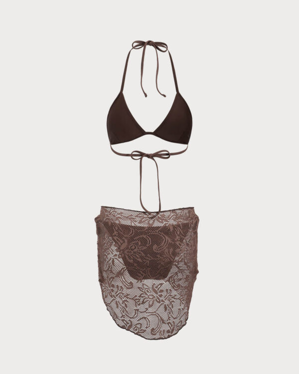 Brown Mesh Bikini Three Piece Suit - Image 7