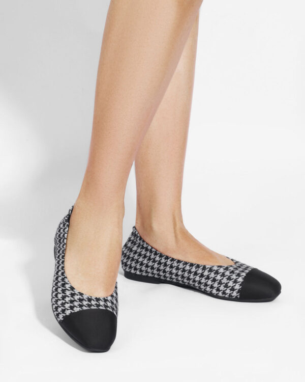 Black and Grey Houndstooth Jacquard Square Toe Ballet Flats