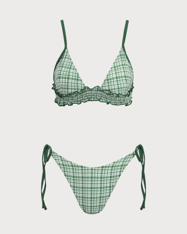 Green Contrast Plaid Wrinkled Bikini Set - Image 5