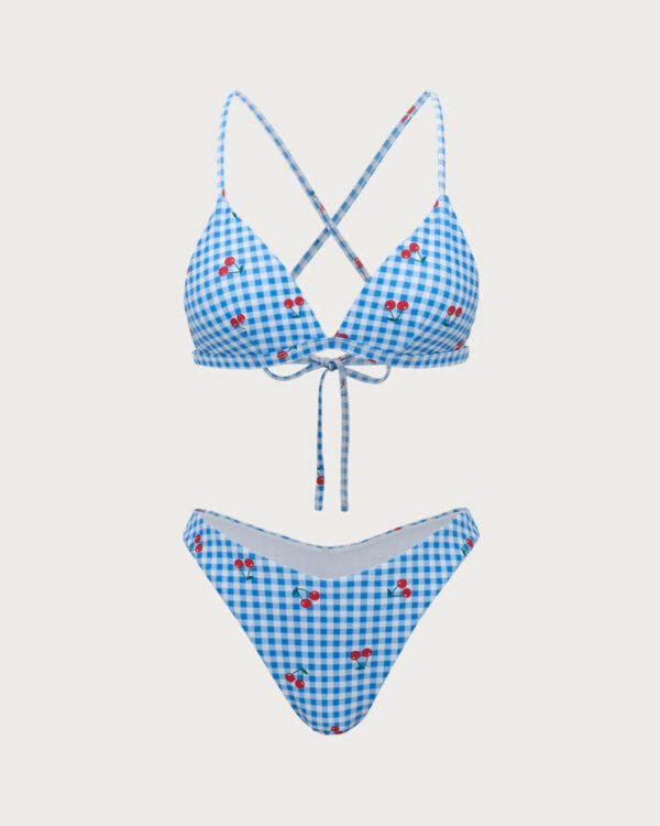 Blue Plaid Cherry Halter Bikini Set - Image 5
