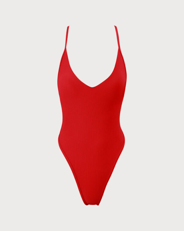 The Red Ribbed Cross Back One-Piece Swimsuit - Image 5